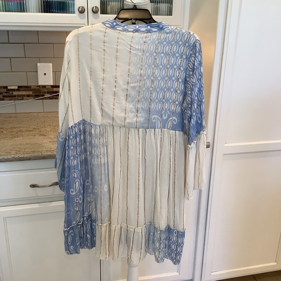 Blue and White Women's Mini Dress Made in India Pullover V-Neck Boho - Picture 3 of 10